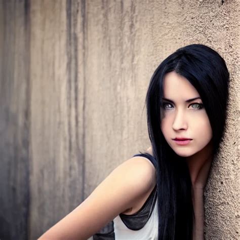 Beautiful Sexy Young Lady With Long Black Hair Leaning Against A Arthubai