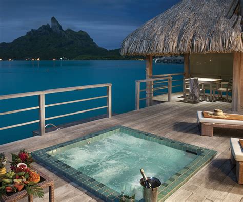 Each of the overwater rooms is perched at the edge of the water, so they aren't way out into the lagoon as you'd find on moorea or bora bora. Luxury Collection: overwater bungalow honeymoon in Bora Bora