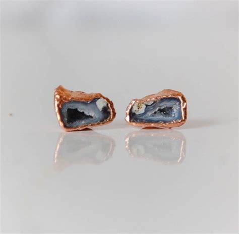 Blue Gray Geode Earring Druzy Earrings Studs Copper Etsy Stud