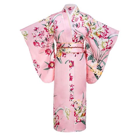 Pink Japanese Women Fashion Tradition Yukata Silk Rayon Kimono With Obi Flower Vintage Cosplay