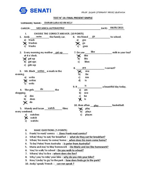 Test 14 Final Present Simple Kevin Hely Duran Lara Pdf