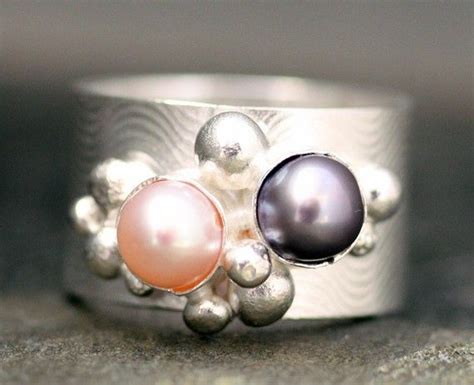 Colored Pearls In Textured Wide Band Sterling Silver Ring Etsy
