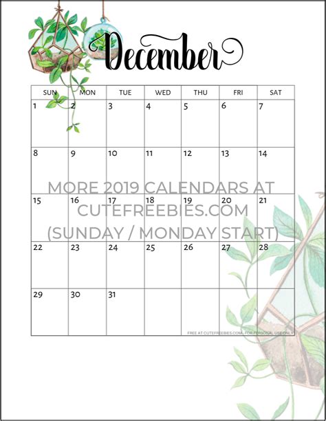 December 2019 Calendar Printable Plants Cute Freebies For You
