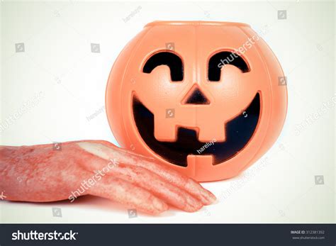 Halloween Pumpkin Bloody Hands Color Vintage Stock Photo 312381392