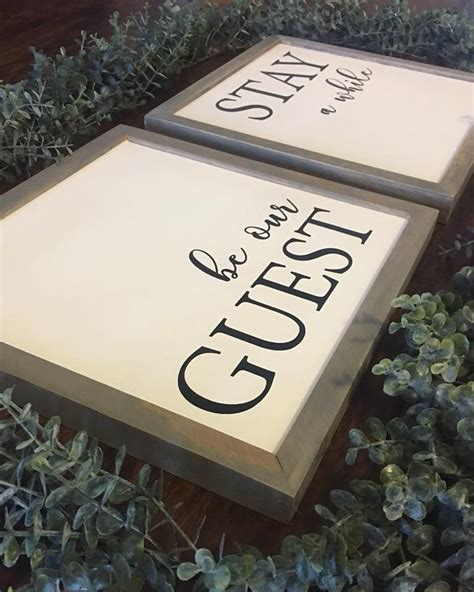 Be Our Guest Stay Awhile Canvas Wood Frame Sign Set Etsy Canvas