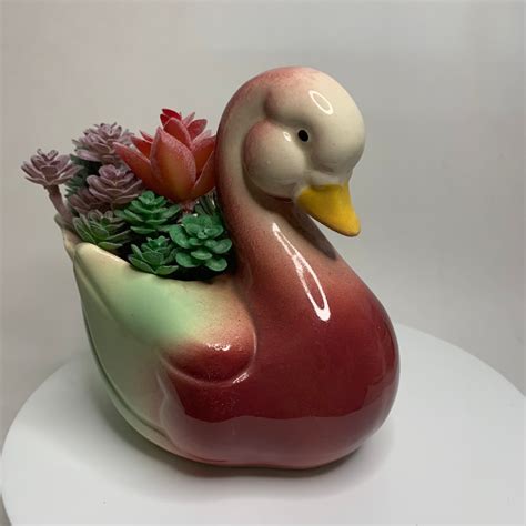 Vintage Shawnee Ceramic Pastel Green And Pink Swan Duck Planter Etsyde