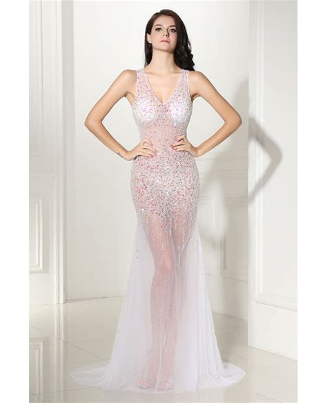 Charming See Through Long Tulle V Neck Prom Dress With