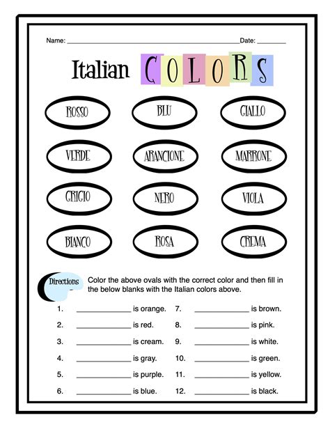 Italian Colors Worksheet Packet Made By Teachers