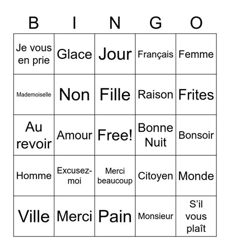 Easy French Words Bingo Card