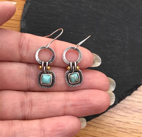 Turquoise Blue Gemstone Silver Drop Earrings Etsy