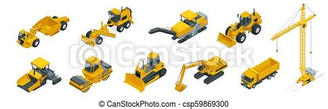 Isometric Icons Set Of Construction Equipment And Machinery With Trucks