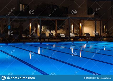 Swimming Pool Illuminated At Night Stock Photo Image Of Room Games