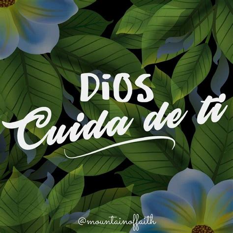 The Words Dios Cuida De To Surrounded By Green Leaves And Blue Flowers