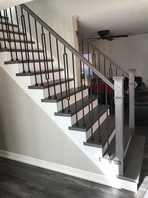 Have a question about this project? New stair treads, square iron spindles & posts | Flooring ...