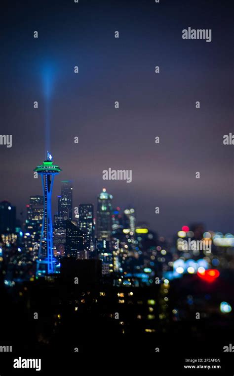 View Of Space Needle And Seattle Skyline From Kerry Park At Night Stock