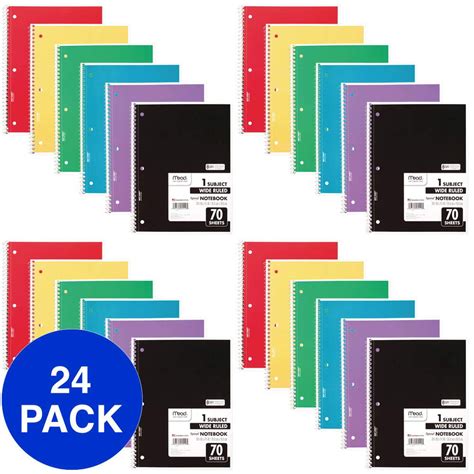 Mead Spiral Notebooks Wide Ruled Paper 70 Sheets Assorted Colors 24