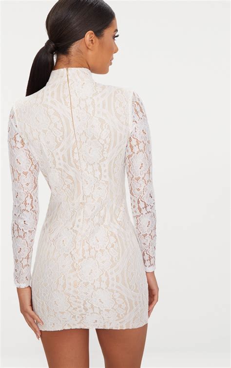 White High Neck Long Sleeve Lace Bodycon Dress Prettylittlething Usa