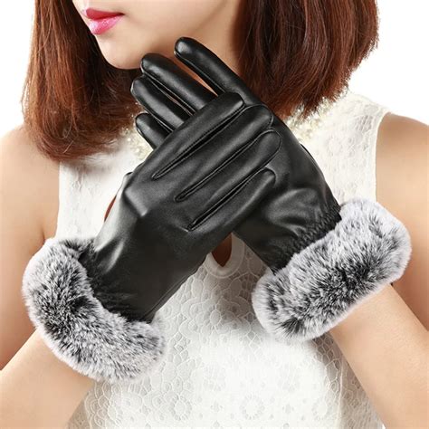 1 Pair 2017 Fashion Rabbit Fur Wrist Pu Leather Gloves For Warm Winter