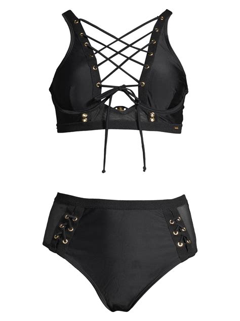 Xoxo Womens Lace Up Bikini Top And High Waist Bottom Swimsuit 2 Piece