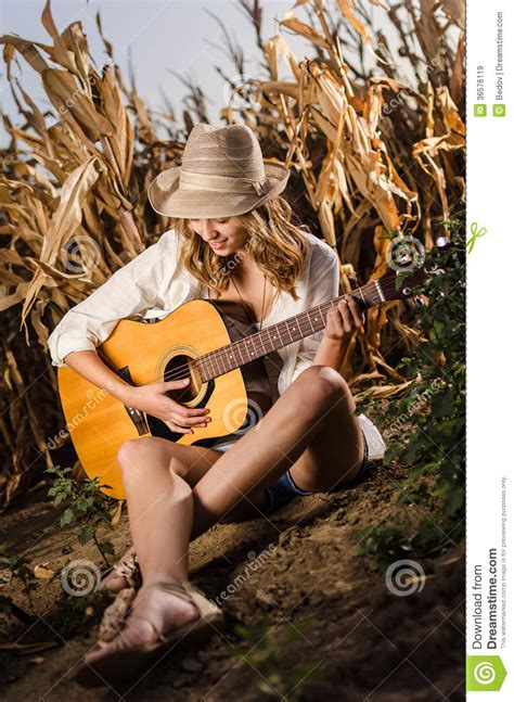 Girl Playing Guitar In A Wheat Field Stock Image Image Of Fashion Field 36576119