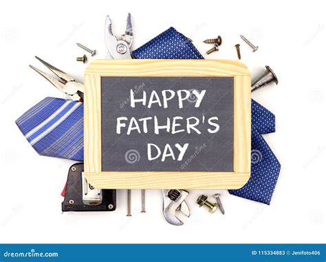 Happy Fathers Day Chalkboard With Underlying Frame Of Tools And Ties