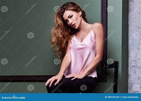 Beautiful Blond Woman Long Hair Perfect Body Shape Wear Fas Stock Photo