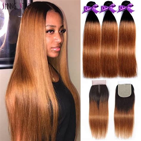 Straight Colored Human Hair Bundles Closure Ombre Honey Blonde