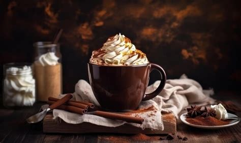 Premium Ai Image A Cup Of Hot Chocolate With Whipped Cream And Cinnamon Sticks On Top