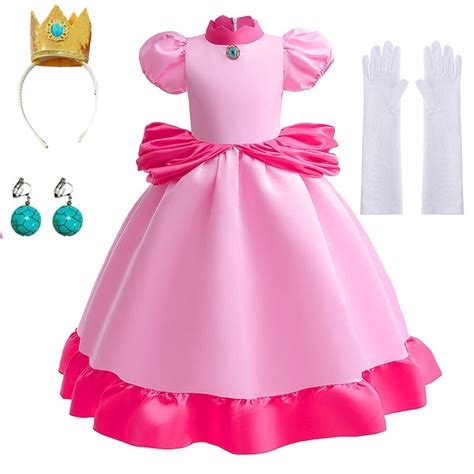 Princess Peach Dress For Girls Kids With Gloves Super Brother Cosplay