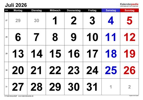 Kalender Juli 2026 Als Excel Vorlagen