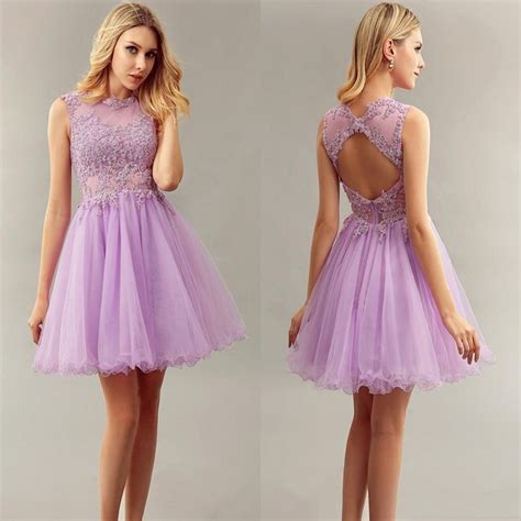 Light Purple Short Bridesmaid Dresses Jewel With Lace Applique