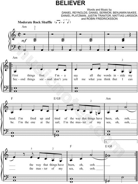 Imagine Dragons Believer Sheet Music Easy Piano In A