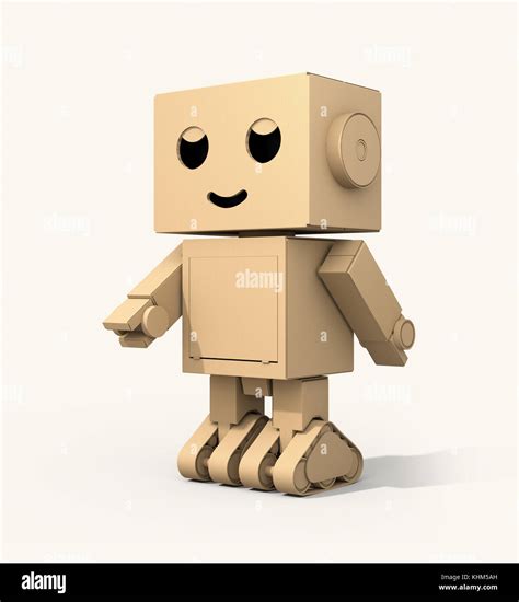Cute Cardboard Robot Isolated On Warm Gray Background 3d Rendering