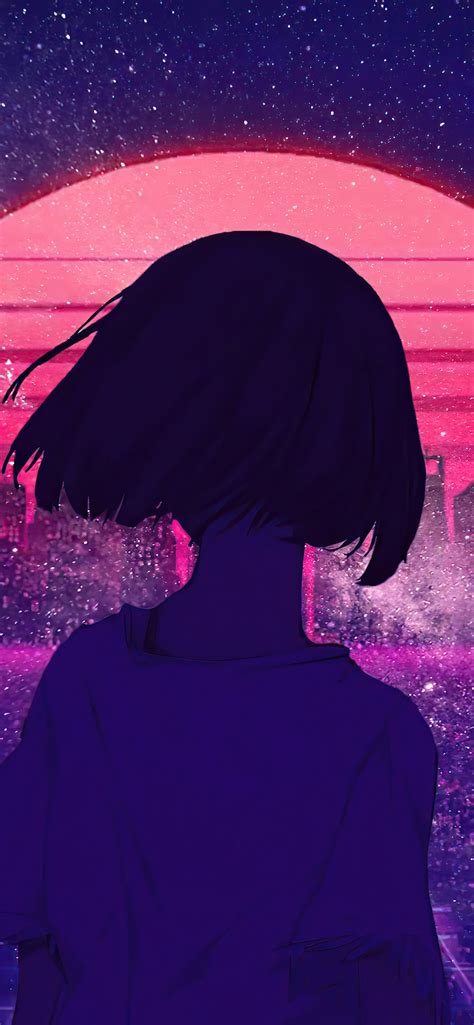 1242x2688 Synthwave Night Sunset Anime Girl 4k Iphone Xs Max Hd 4k