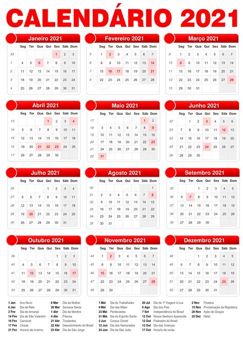 Calendário 2021 Com Feriados Calendário