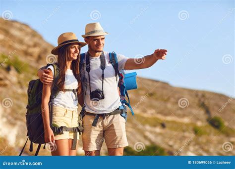 Couple Hikers With Backpack On Hike In Nature Stock Photo Image Of