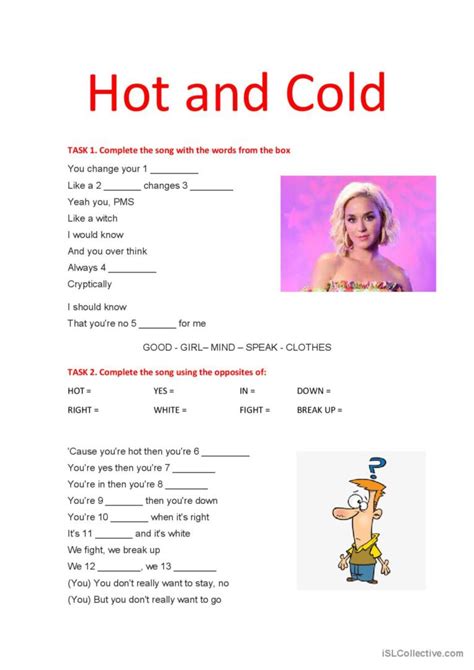 Hot And Cold Katy Perry English ESL Worksheets Pdf Doc