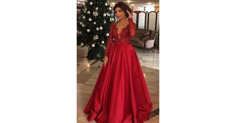 A Line Long Sleeves V Neck Lace Satin Red Prom Dress Formal Evening