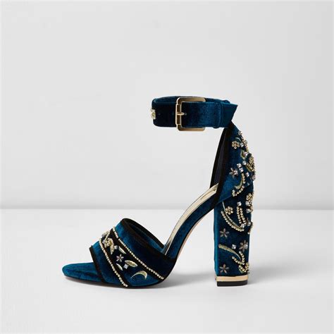 Lyst River Island Blue Velvet Embellished Block Heel Sandals In Blue