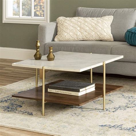 Square Faux Marble And Wood Coffee Table With Brass Legs Interior