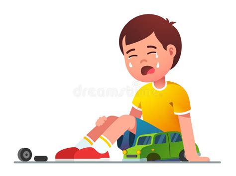 Niño Triste Sentado Llorando Por El Coche De Juguete Roto Ilustración
