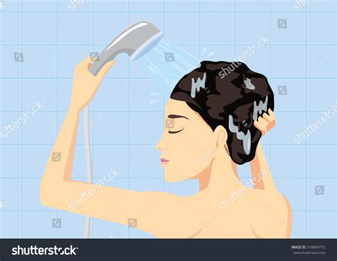 Woman Hair Washing With Water From Shower Head In Bath Room Stock