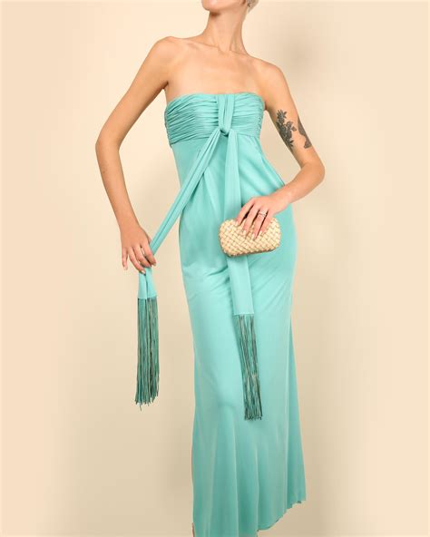Versace S S 08 Turquoise Strapless Tassel Fringe Corset Bustier Midi Maxi Dress For Sale At