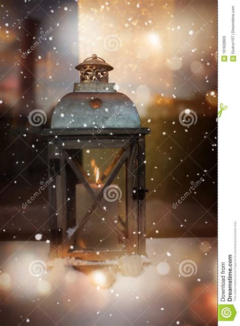 Burning Lantern In Winter At Christmas Time Stock Image Image Of Gold