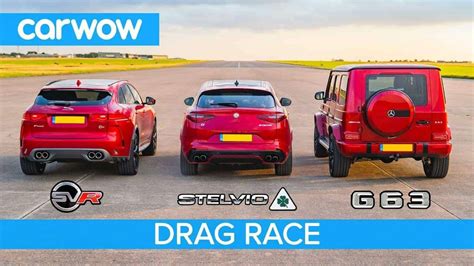 Red Suv Drag Race Amg G63 Vs Stelvio Quadrifoglio Vs F Pace Svr The