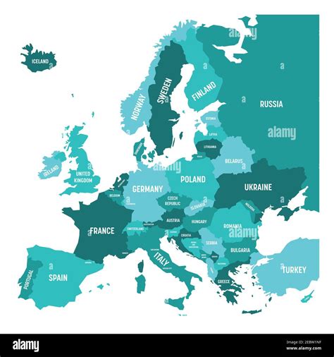 Political Map Of Europe Continent In Four Shades Of Turquoise Blue With
