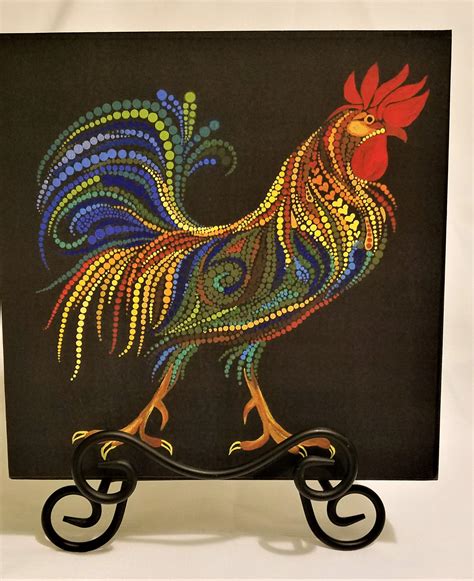 Rooster Dot Art Print On Wood