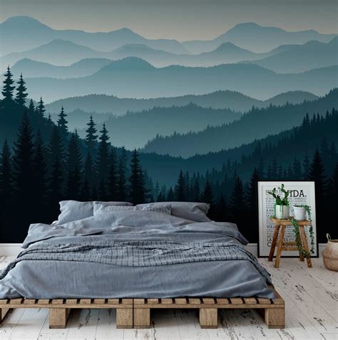 Dark Blue Mountain With Pine Tree Forest Wall Mural Removable Wallpaper
