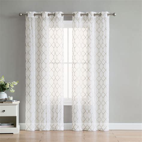 Set of Two (2) White Sheer Window Curtains: Gold/Taupe Embroidered