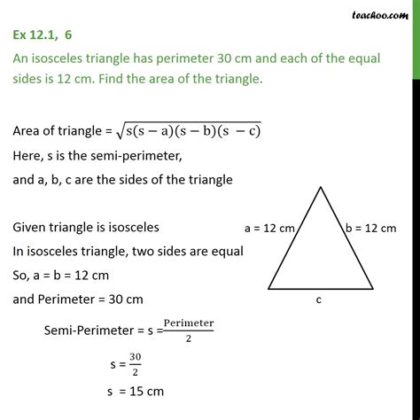 Isosceles right triangle area of an isosceles right triangle is 18 dm2. Ex 12.1, 6 - An isosceles triangle has perimeter 30 cm ...